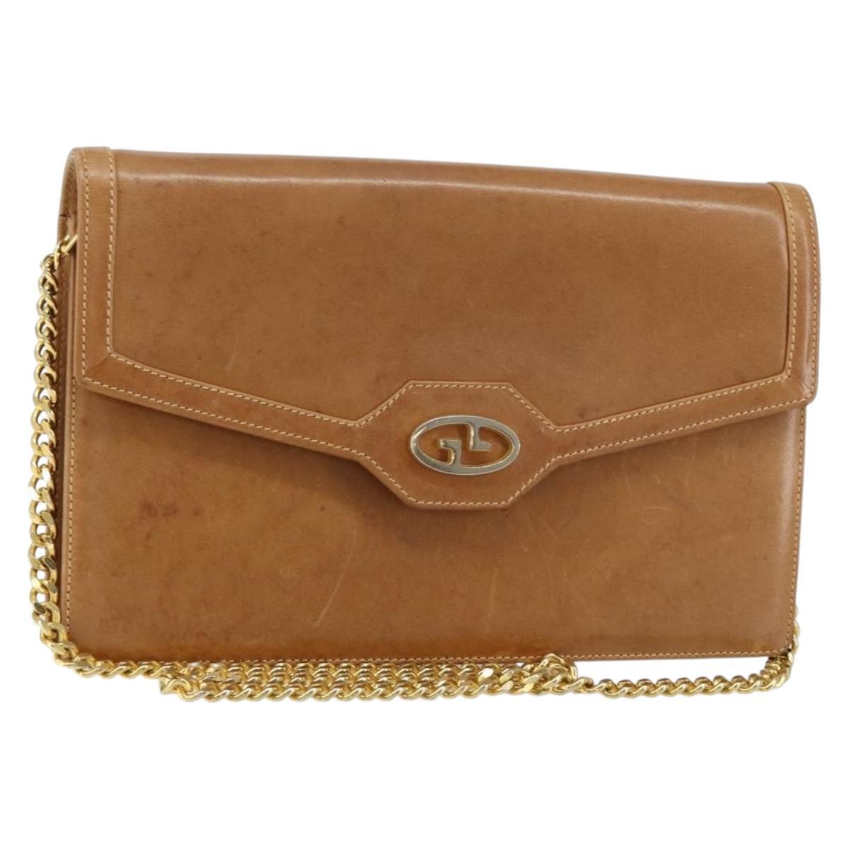 Gucci Chain Shoulder Bag Leather Beige Gold Auth Yk19810